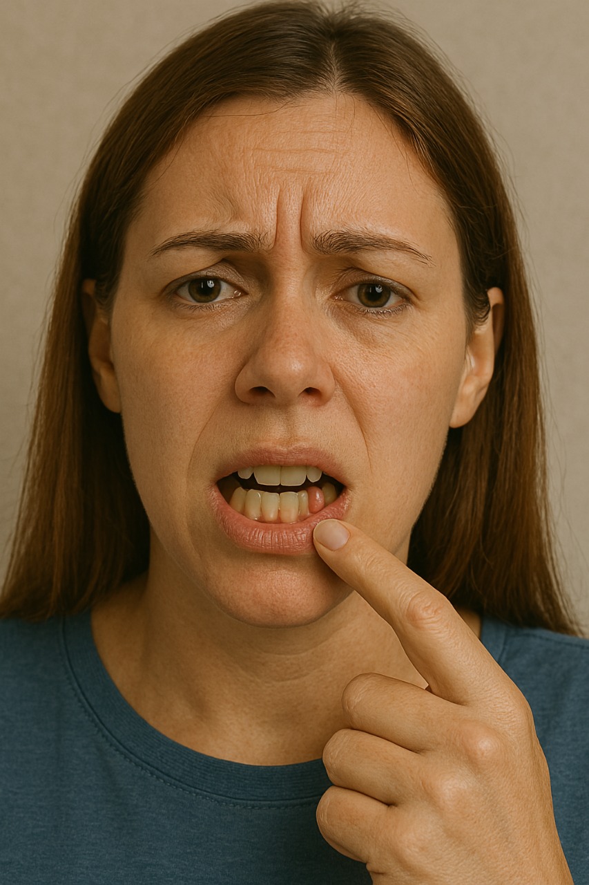 Absceso dental visible en la encía, una infección común que puede causar un dolor de muelas intenso.